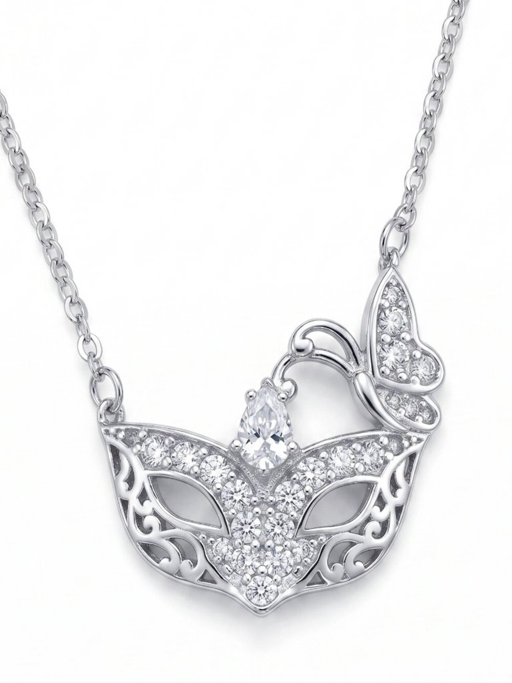 Masquerade Mardis Gras Carnival Mask Necklace, 925 Sterling Silver 50 Shades